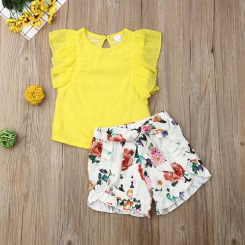 Toddler Kid Baby Girl Summer Outfit Clothes T-shirt Chiffon Tops+Floral Short Pants 2PCS Set