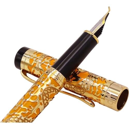 Jinhao 5000 Vintage Luxury Metal Calligraphy Fountain Pen Bent Nib Beautiful Dragon Texture Carving, Orange & Golden Office Pen