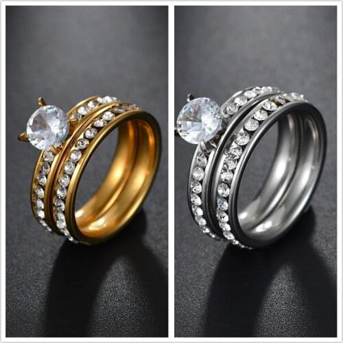 New 2pcs/set Crystal Couple Ring for Women and Men Gold-color Stainless Steel Engagement Ring Wedding Jewelry