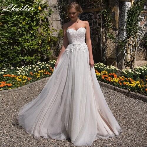 Lhuilier Elegant A Line Strapless Beach Tulle Wedding Dresses Sleeveless Floor Length Lace Bridal Gowns Court Train with Belt