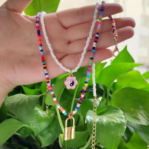 2 Pcs/Set Fashion Boho Handmade Multicolor Beaded Necklaces For Women Gold Color Metal Lock Pendant Beads Chain Necklace Jewelry