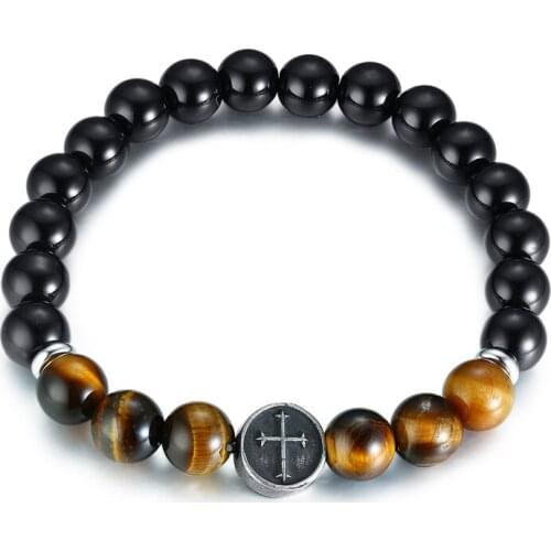 16.5CM Titanium Steel Accessory Tiger Eye Stone Black Agate Beaded Bracelet Mens Cross Bracelet Wholesale B00491