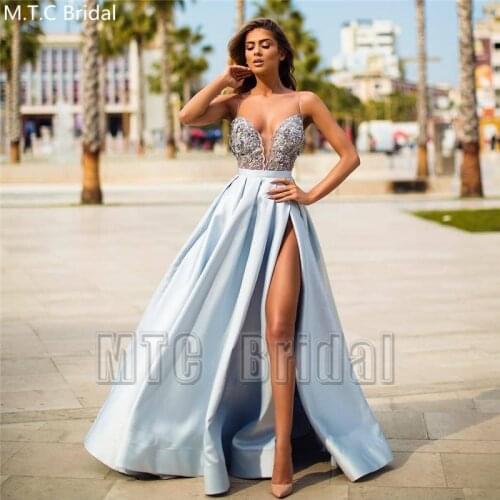 Mint Blue High Slit Sexy Prom Dresses Backless Spaghetti Strap Lace Satin Long Formal Dress Plus Size Wedding Party Gowns