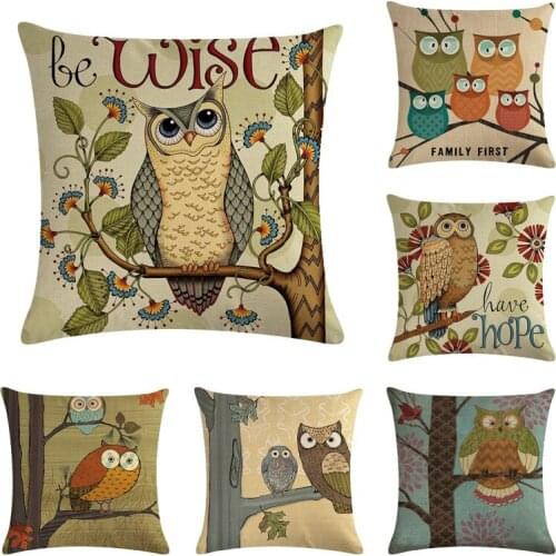 Cartoon Cushion Cover Owl Family Print Pillow Case Bird Cotton Linen 45*45 cm Throw Pillow Cover Home Decoration For Sofa