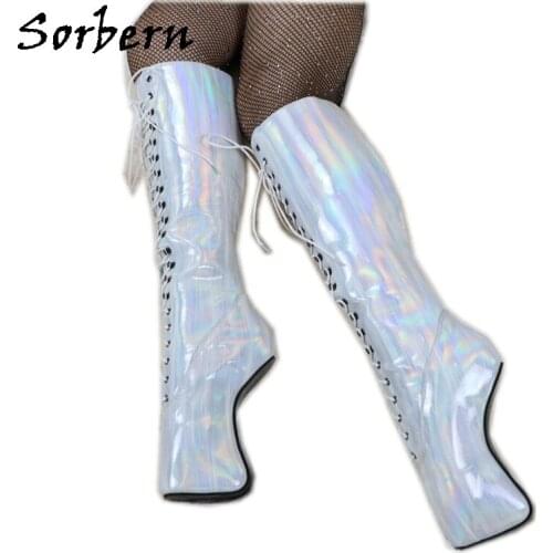 Sorbern White Holo Strips Cosplay Shoes Art Performance Boot Drag Queen Toe Painful Ballet Hoof Style Boots Knee High Lace-Up