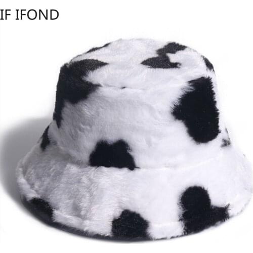 Autumn Winter faux Fur Black White Cow Pattern Bucket Hat Women warm wool Soft bob hat Outdoor thick hiking Cap fisherman hat