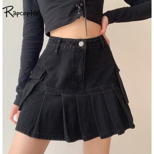 Rapcopter Y2K Black Jeans Pleated Skirts Big Pockets Denim Skirts Korean Cosplay Mini Skirts Women Harajuku Skirts Party Rave