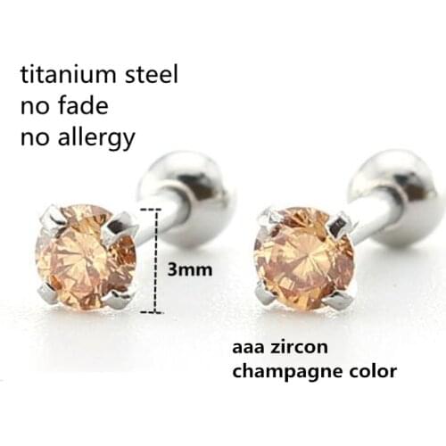 Titanium Screw Stud Earrings With Mini 3mm Champagne AAA Zircon 316L Stainless Steel No Fade No Allergy