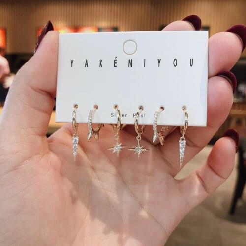New Fashion Shiny Cubic Zircon Star Sets Hoop Earrings For Women Gold Color 6-piece Sets Earring Jewellery Accessories 2021