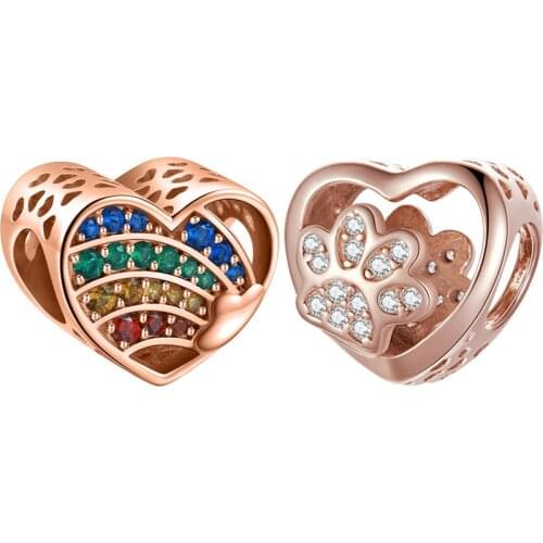 Dog paw print love charms fit original pandora bracelet diy bead pendant bangle jewelry for women gift heart charm couple