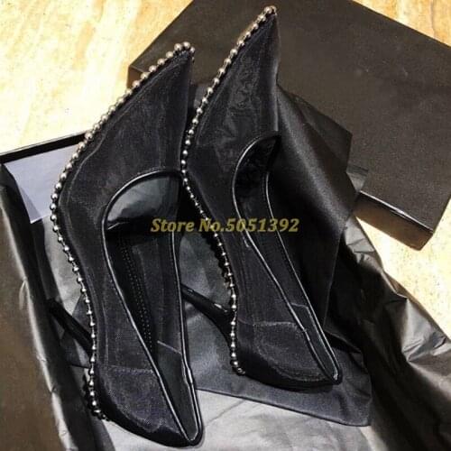 Air Mesh Rivet Black Pumps Slip On Sexy Pointed Toe Thin High Heel Dress Women Shoes Breathable Summer Sping Dress Party Shoes