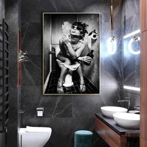 Toilet Sexy Woman Bar Girl Smoking And Drinking Canvas Painting Posters and Prints Cuadros Wall Art for Living Room Home Decor