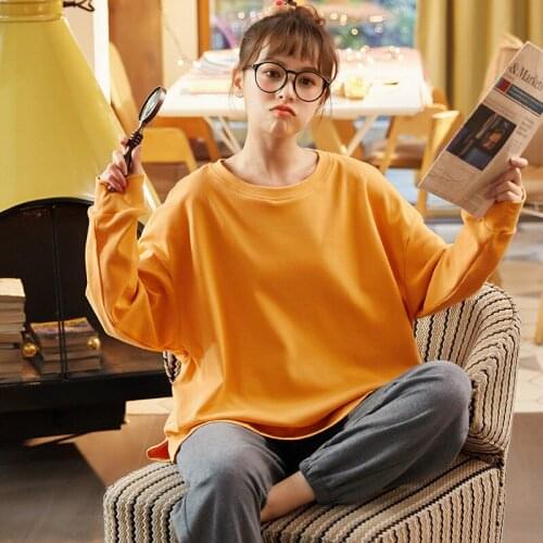 Spring And Autumn Full Sleeve 100% Cotton Girls' Lovely Round Neck Yellow Colour Realex Household Pajamas Suit