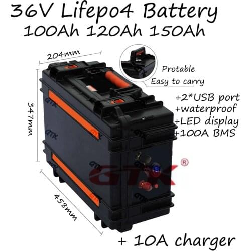 Waterproof 36V 100Ah 120Ah 150Ah LiFepo4 battery pack BMS with LED display USB fishing boats solar system motor RV+10A charger