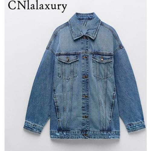 CNlalaxury 2021 Za Blue Jean Denim Jacket for Women Oversized Coat Autumn 2021 Casual Pocket Single Breasted Jackets Outwear Top