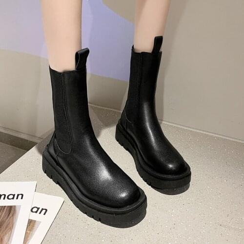 Womens New Fashion Patent Leather Boots For Winter Autumn Square Medium Heel Ankle Solid Slip-On Round Toe Thick Platform Shoes