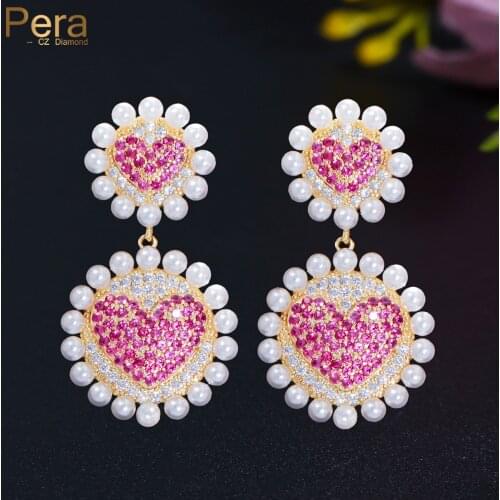 Pera Romantic Love Heart Design CZ Gold Color Long Round Drop Earrings with Simulated Pearls Enagagement Jewelry for Women E787