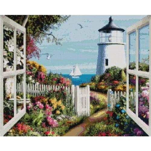 14/16/18/28/27 delivery Top Quality popular counted cross stitch kit window to sea boat beacon lighthouse