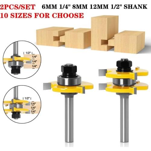 2pcs/set 6/6.35/8/12.7mm Shank Assembly Tongue & Groove Joint Wood Router Bit 1/4" 1/2" Shank 3/4" Stock Cutters For Wood Tools