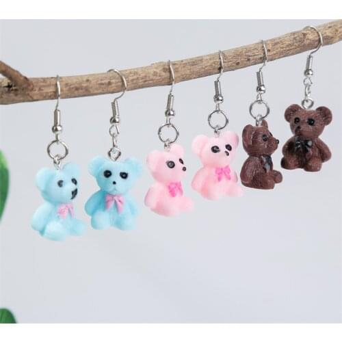 3 Pairs/Set Ladies Cute Animal Bear Drop Earrings For Women Korean Style Blue Brown Pink Resin Dangle Earring Girls Gift Jewelry