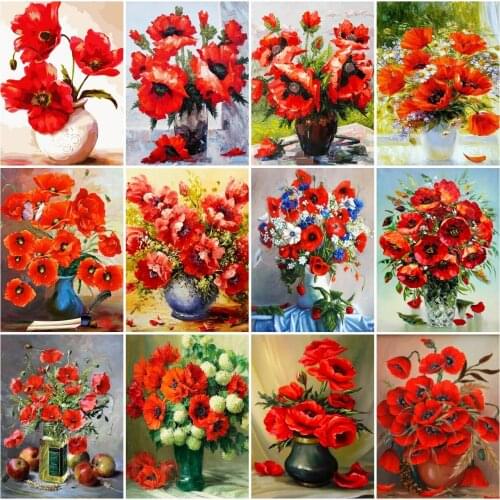 AZQSD Full Drill Diamond Painting Poppy Cross Stitch Rhinestones Diamond Embroidery Flower Mosaic Needlework Home Decoration