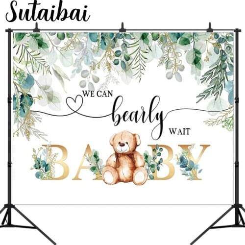 Baby Shower Bear Party Backdrop Photography Background We Can Bearly Wait Watercolor Leaves Floral Lovely Cake Table Decoration