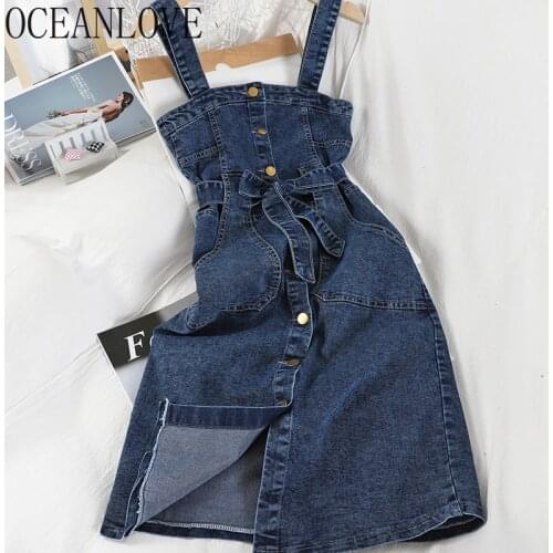 OCEANLOVE Bandage Denim Vestidos Solid All Match Bow Fashion Women Dress Button Sweet 2020 Spring Dresses Fashion 16281