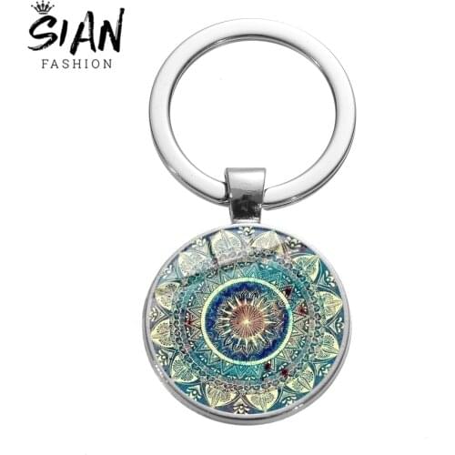 SIAN New Art Mandala Flowers Keychain Sacred Geometry Buddhism Chakra Meditation Jewelry Glass Dome Om India Keyring Chain Gifts