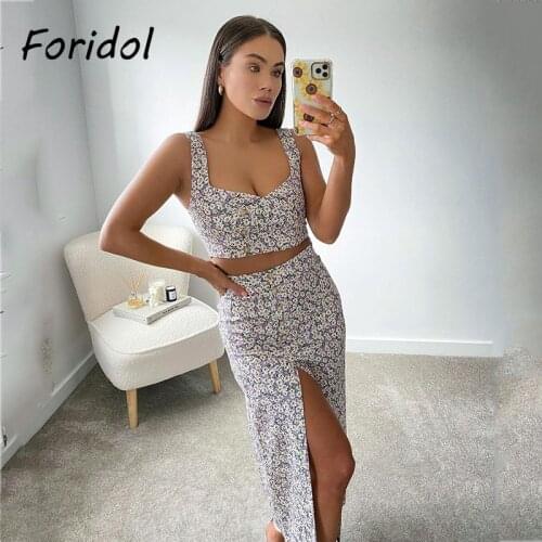 Foridol Sleeveless Top Skirt Set Suits Women Summer Floral Print Purple Dress Set Two Pieces Matching Beach Dress Suits Vintage