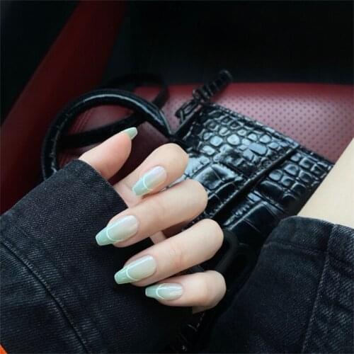 French Crystal Green Short Ballet Coffin Fake Nails with Glue Press on Nails JP829