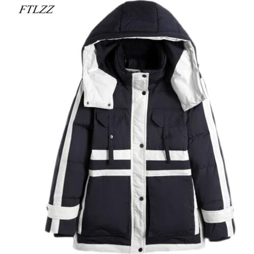 FTLZZ Winter Women Thickening Splicing Colour Hooded Down Jacket 90% White Duck Down Coat Windbreak Warm Outwear Detachable Hat