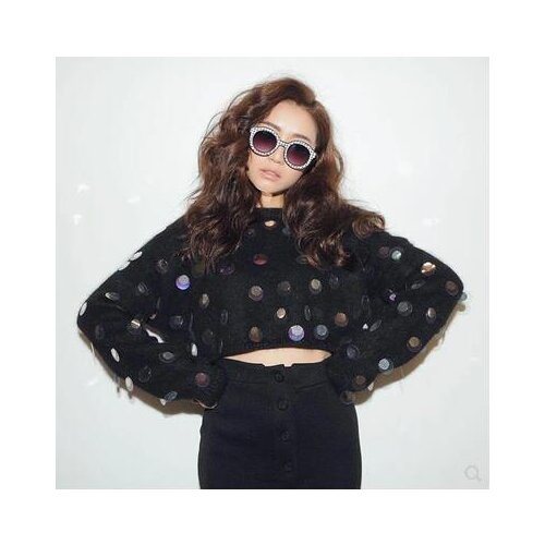 Korean fashion women o-neck long sleeve mohair wool knitted warm paillette sequined sexy up-navel high waist crop top sweaters