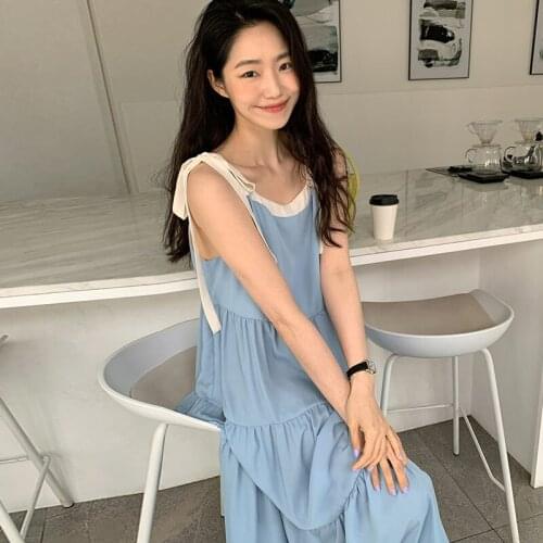 Korea Chic Summer Small Fresh Milk Soft Blue Square Collar Loose Tie Bow Knot Sling Dress Long Skirt Female