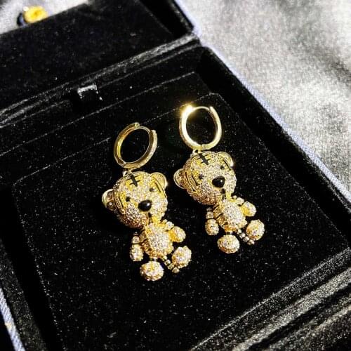 Cute Small Tiger Drop Earrings Fashion Golden Creative Animal Jewelry Inlay Full Small Zircon Womens Party Birthday Gift