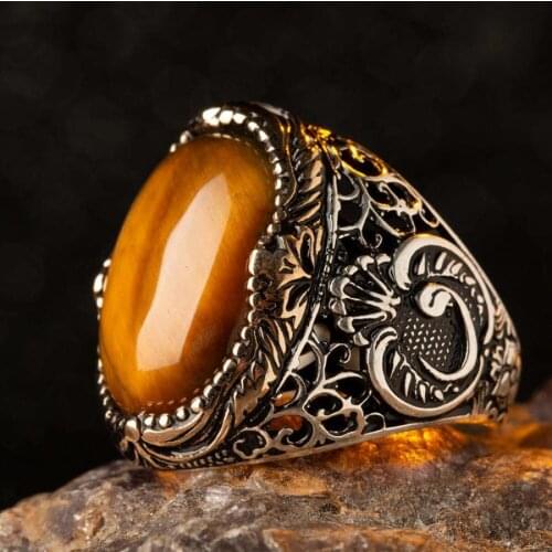 925 Sterling Silver Brown TigerEye Stone Mens Ring with Arabic V Letter Wav Letter Silver Ring for Men