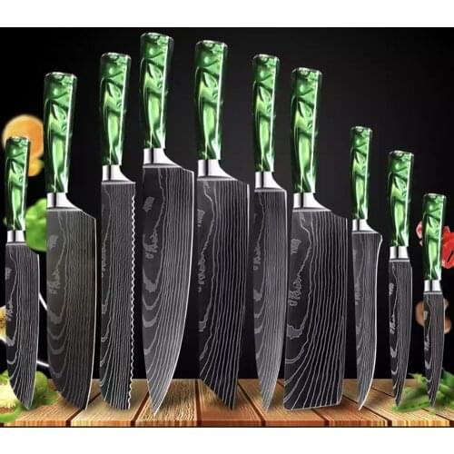 2/4/6/8/10 PCS Kitchen Knives Set Green Handle Chef Knife Carbon Stainless Steel Santoku Sharp Cleaver Slicing Knife Kitche Gift