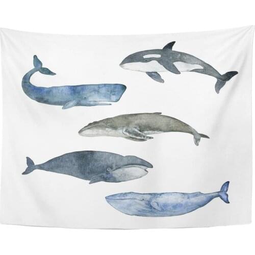 Painting Watercolor Whale The White Sperm Grampus Gray Polar Blue Fish Hand Tapestry Home Decor Wall Hanging for Living Room Bed