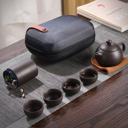 Natural Ceramics Kung Fu Tea Set 1 Teapot with 4 Tea Cups and Tea Mat Tea Bucket with Portable Protective Bag for Indoor