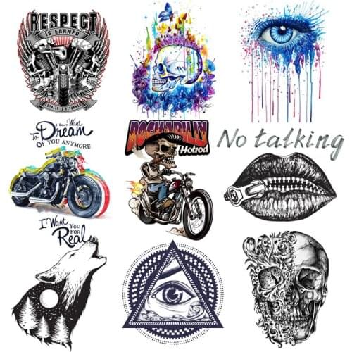 Punk/skull Patches Heat Transfers Sticker For Clothing Motorcycle T-shrits Iron On Transfer On Clothes Applique Stickers DIY