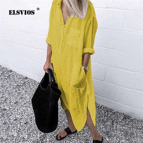5XL Casual Elegant Solid Color Shirt Dress V Neck Long Sleeve Buttons Pocket Long Dress New Autumn Lady Sexy Split Party Dresses