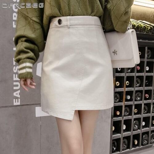 Casual Autumn Winter PU Short Skirts For Women 2021 High Waist Chic Slim Leather Skirt Female Khaki