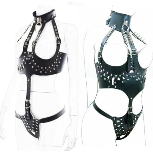 CamaTech Adjustable PU Leather High Collared Body Harness Bondage Open Bare Breast Straps Slave Restraints Adult Games For Women