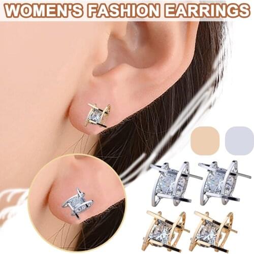 Luxury Female Crystal Zircon Stone Earrings Fashion Silver Color Jewelry Vintage Double Stud Earrings For Women