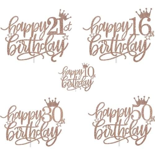New Happy Birthday 10 21 30 50th Paper Cake Topper Rose Gold Baking Cake Topper for Kids Birthday Party Cake Decoration Supplies