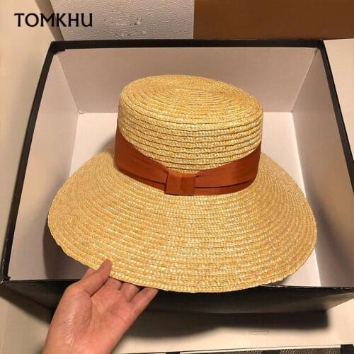 Wide Brim Boater Sun Hat Straw Hat Flat Women Summer Kentucky Derby Hat Orange Black Ribbon Tie Sun Hat Beach Casual Cap Handmad