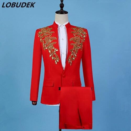 Stand-Collar Gold Beads Sequins Red Blazers Mens Suits Singer Chorus Performance Clothes Male Host Stage Formal 2 Pieces Suit