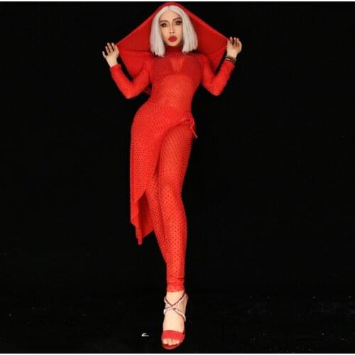 Female Singer Gogo Dancer Sexy See-Through Red Full Diamond One-Piece Costume Nightclub New YearS Day Festival Bodysuit DWY5114