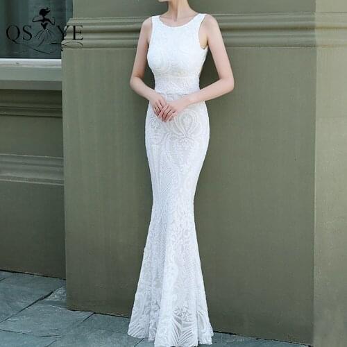 White Sequin Prom Dresses 2021 Pattern Lace Long Evening Gown Mermaid Formal Party Evening Dress Fitted Party Gown Open Low Back
