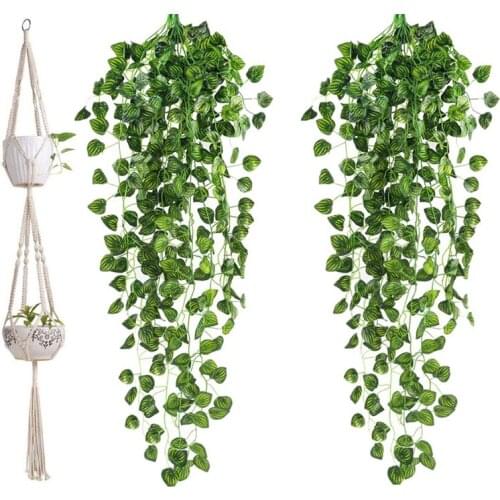 1 Pcs Macrame Double Plant Hanger 2 Tier Hanging Planter & 2Pcs Artificial Ivy Garland Fake Hanging Vine Plants