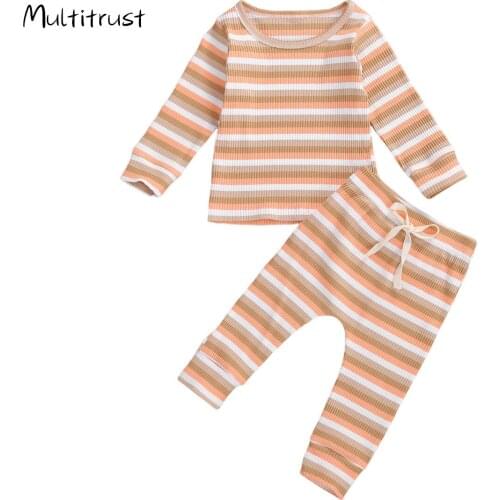 3 Colours Infant Baby Suit Set Striped Round Neck Long Sleeve T-Shirt + Trousers Pants 2pcs Tracksuit Clothes 1-4Y